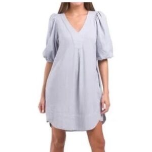 For Cynthia powder blue puff sleeve v-neck linen cotton blend dress M/L